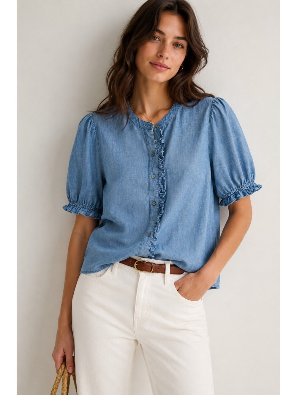 J.Crew Factory Chambray Cotton Puff Sleeve Ruffle Blouse XS Coastal Classic